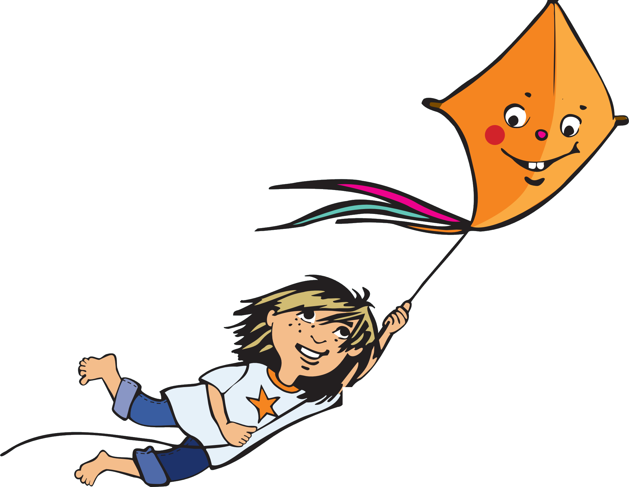 Illustration: Ein Kind fliegt an einem lachenden orangefarbenen Drachen über die Krefelder Skyline